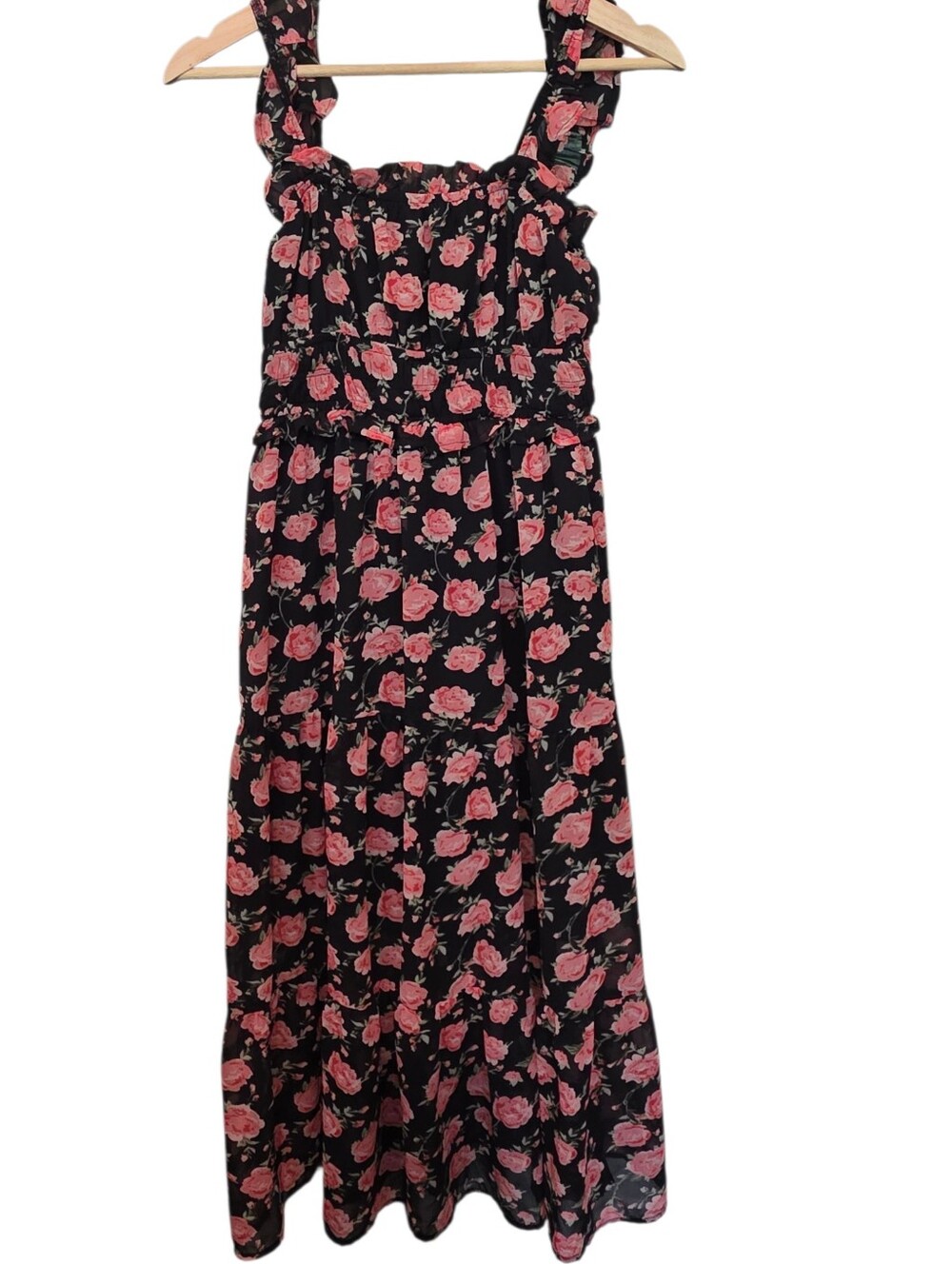 Dizzire Y2k Black W/Pink Rose Print Chiffon Tiered Ruffle Midi Dress Size M EUC